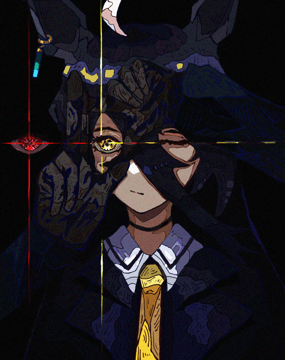 1girl, ahoge, animal_ears, bdw, black_background, black_choker, black_gloves, black_shirt