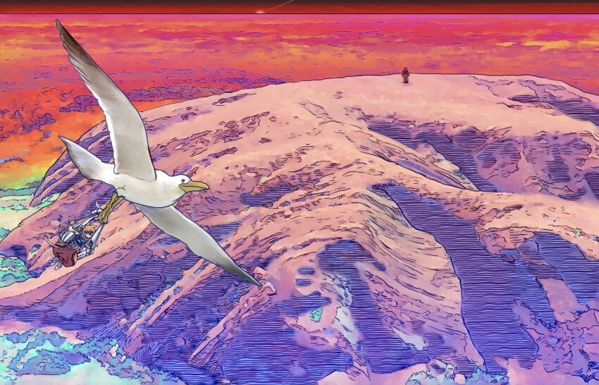 2boys, absurdres, animal, ark_(tenchi_souzou), baggy_pants, bird, commentary_request, flying