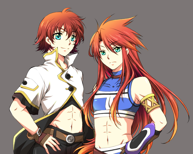 2boys, bad_id, bad_pixiv_id, belt, cosplay, costume_switch, crop_top, fingerless_gloves