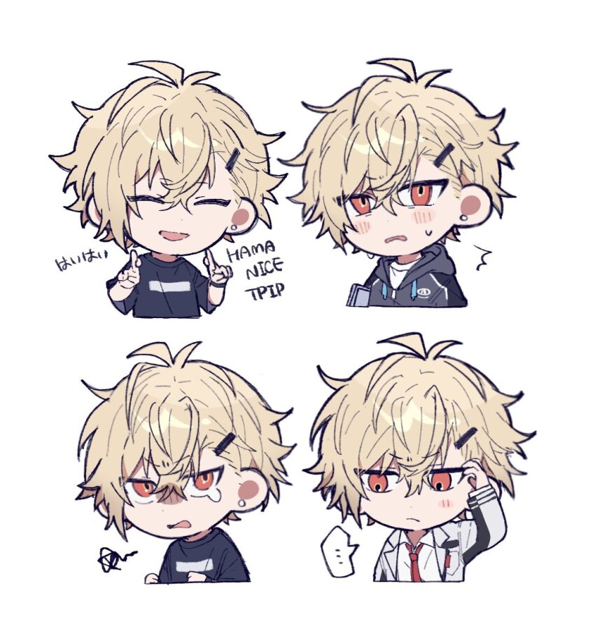 ..., 18trip, 1boy, :/, antenna_hair, arms_up, black_shirt, blonde_hair, blush, closed_eyes, collared_shirt, commentary_request, crew_neck, cropped_torso, double-parted_bangs, earrings, embarrassed, hair_between_eyes, hair_ornament, hairclip, jewelry, knk_n, kurama_ushio, male_focus, multiple_views, necktie, open_mouth, parted_bangs, piercing, print_shirt, red_necktie, sanpaku, school_uniform, shirt, short_hair, short_sleeves, simple_background, smile, speech_bubble, spoken_ellipsis, stud_earrings, t-shirt, tears, white_background, white_shirt