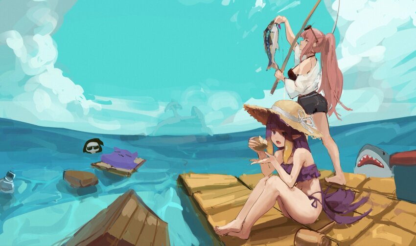 animal, capucino_art, cloud, deadbeat_(mori_calliope), fish, fish_hook, fishing, fishing_line