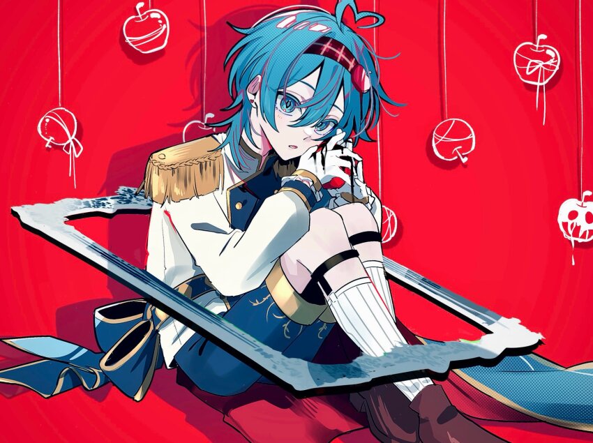 1boy, ahoge, amptakxcolors, back_bow, blue_bow, blue_eyes, blue_hair, bow