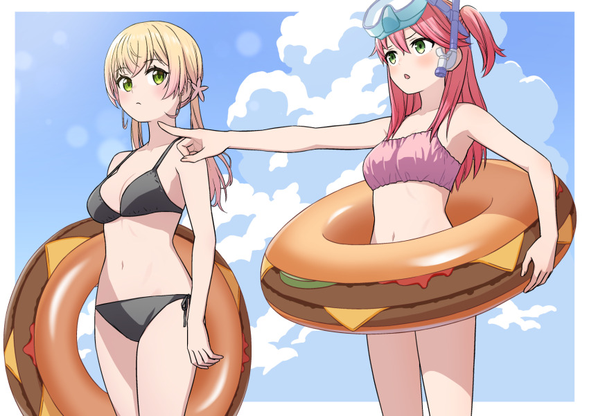 2girls, alternate_costume, arm_at_side, bikini, black_bikini, blonde_hair, blue_sky, border