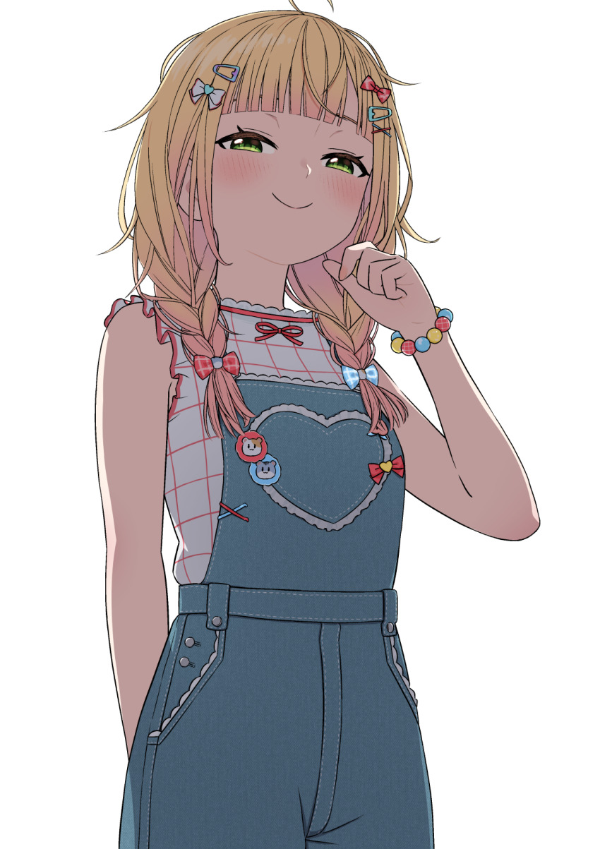 1girl, arm_behind_back, bead_bracelet, beads, blonde_hair, blue_overalls, blunt_ends, blush, bow, bracelet, braid, closed_mouth, commentary_request, cowboy_shot, denim_overalls, gradient_hair, green_eyes, hair_bow, hair_ornament, hairclip, half-closed_eyes, hand_up, highres, hololive, jewelry, long_hair, looking_at_viewer, low_twin_braids, momosuzu_nene, momosuzu_nene_(7th_costume), multicolored_hair, nail_polish, official_alternate_costume, official_alternate_hairstyle, orange_nails, overalls, pink_hair, plaid_clothes, plaid_shirt, rainna, red_shirt, shirt, simple_background, sleeveless, smile, smug, solo, standing, twin_braids, two-tone_shirt, virtual_youtuber, white_background, white_shirt