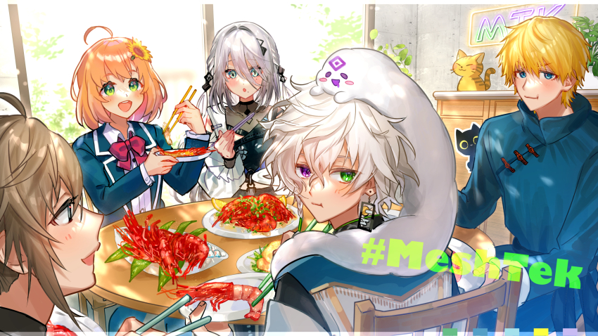 2girls, 3boys, :o, :t, absurdres, ahoge, animal, animal_on_head, black_cat, black_shirt, blue_eyes, blue_jacket, bow, bowtie, brown_hair, cat, chair, changpao, chest_of_drawers, chinese_clothes, chopsticks, commentary_request, earrings, ex_albio, ex_albio_(3rd_costume), flower, green_eyes, grey_hair, hair_between_eyes, hair_flower, hair_ornament, hanafuda_earrings, hashtag, heterochromia, highres, holding, holding_chopsticks, holding_plate, honma_himawari, honma_himawari_(1st_costume), indoors, jacket, japanese_clothes, jewelry, kanae_(nijisanji), kariginu, looking_at_viewer, looking_back, matochi_(fa), multiple_boys, multiple_girls, murakumo_kagetsu, murakumo_kagetsu_(1st_costume), nijisanji, on_head, open_mouth, orange_hair, plate, purple_eyes, red_bow, red_bowtie, shirt, short_hair, shrimp, single_earring, smile, sophia_valentine, sophia_valentine_(1st_costume), sunflower, sunflower_hair_ornament, table, upper_body, virtual_youtuber, white_hair, white_shirt, window