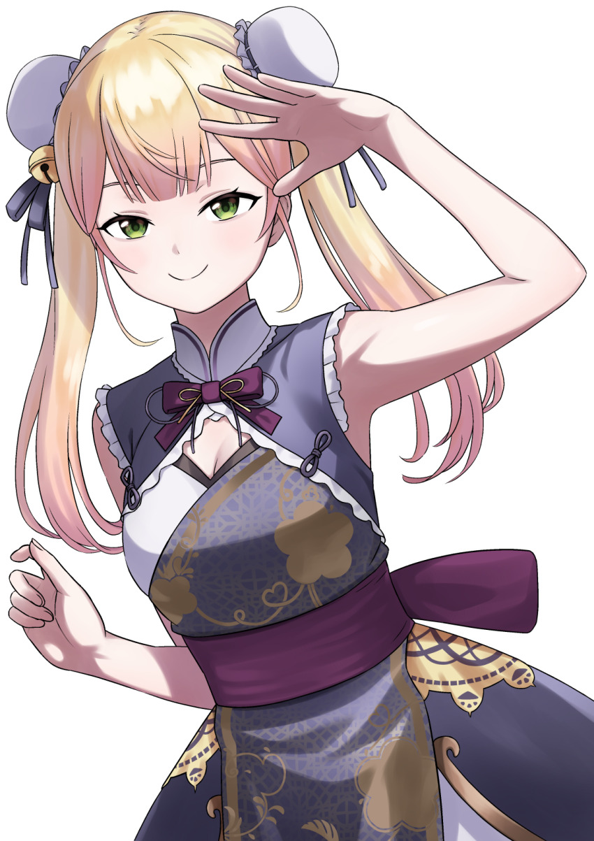 1girl, arm_up, bell, blonde_hair, bow, breasts, bun_cover, center-flap_bangs