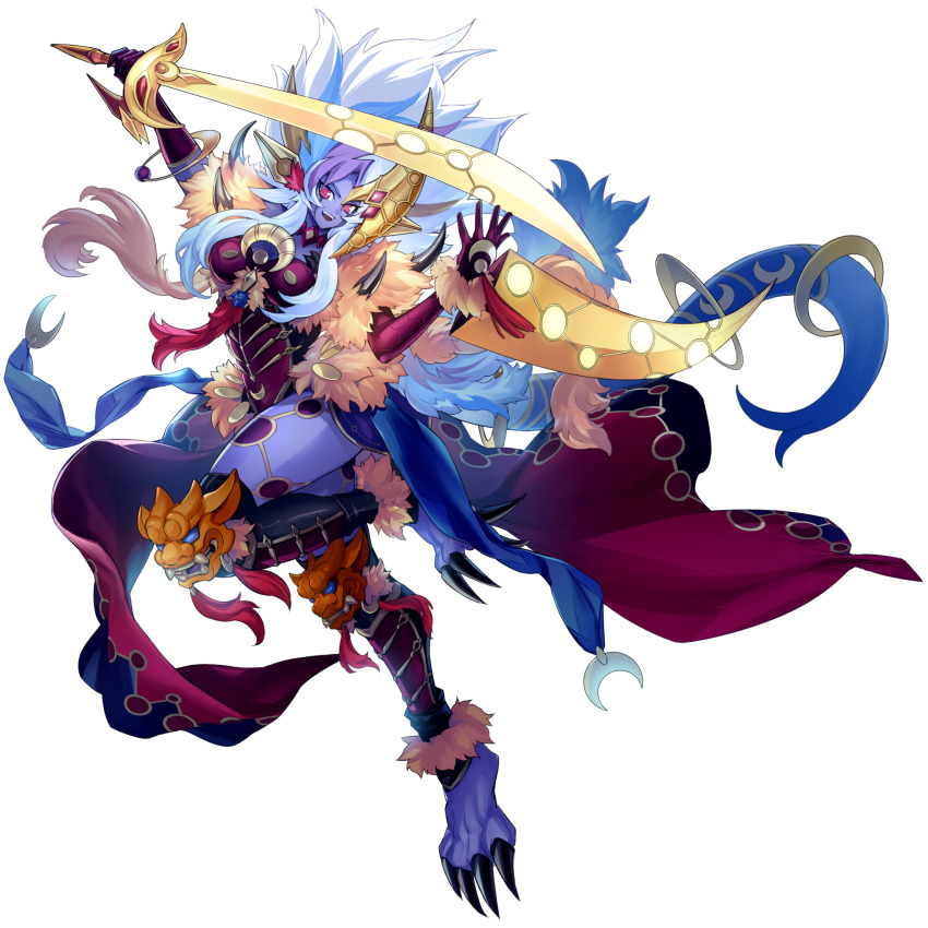 1girl, :d, anonymous_(yu-gi-oh!), arm_blade, asymmetrical_gloves, breasts, claws, colored_skin