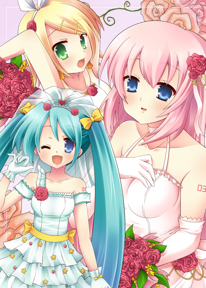 3girls, :o, ;d, absurdres, blonde_hair, blue_eyes, bouquet, bow, choker, collarbone, crown, dress, flower, frills, gathers, gloves, green_eyes, green_hair, hair_ornament, hair_ribbon, hairpin, hatsune_miku, highres, kagamine_rin, long_hair, mashiro_yuki, megurine_luka, multiple_girls, one_eye_closed, open_mouth, pink_hair, red_rose, ribbon, rose, short_hair, smile, twintails, veil, vocaloid, wedding, wedding_dress, white_gloves, wink, yellow_bow