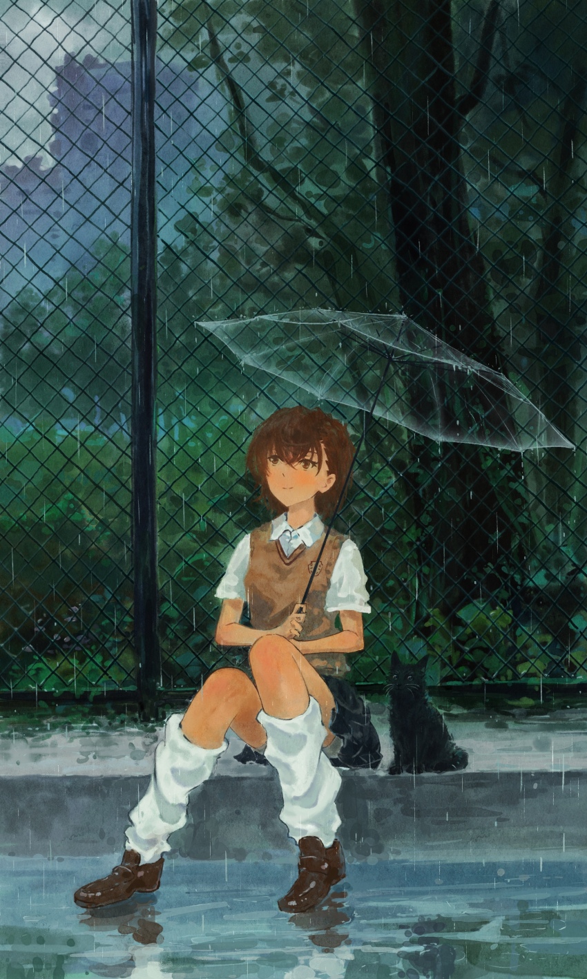 1girl, absurdres, animal, bob_cut, brown_eyes, brown_hair, brown_shoes, brown_vest