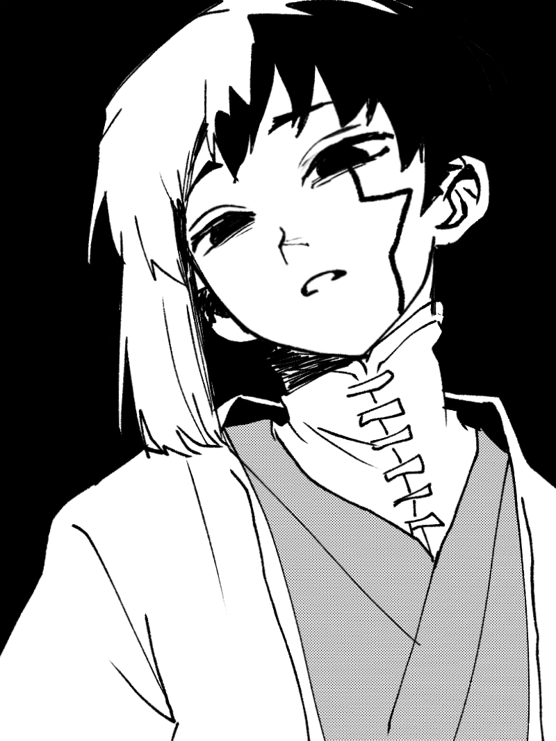 1boy, asagiri_gen, black_background, dr._stone, eerika1114, greyscale, head_tilt, japanese_clothes