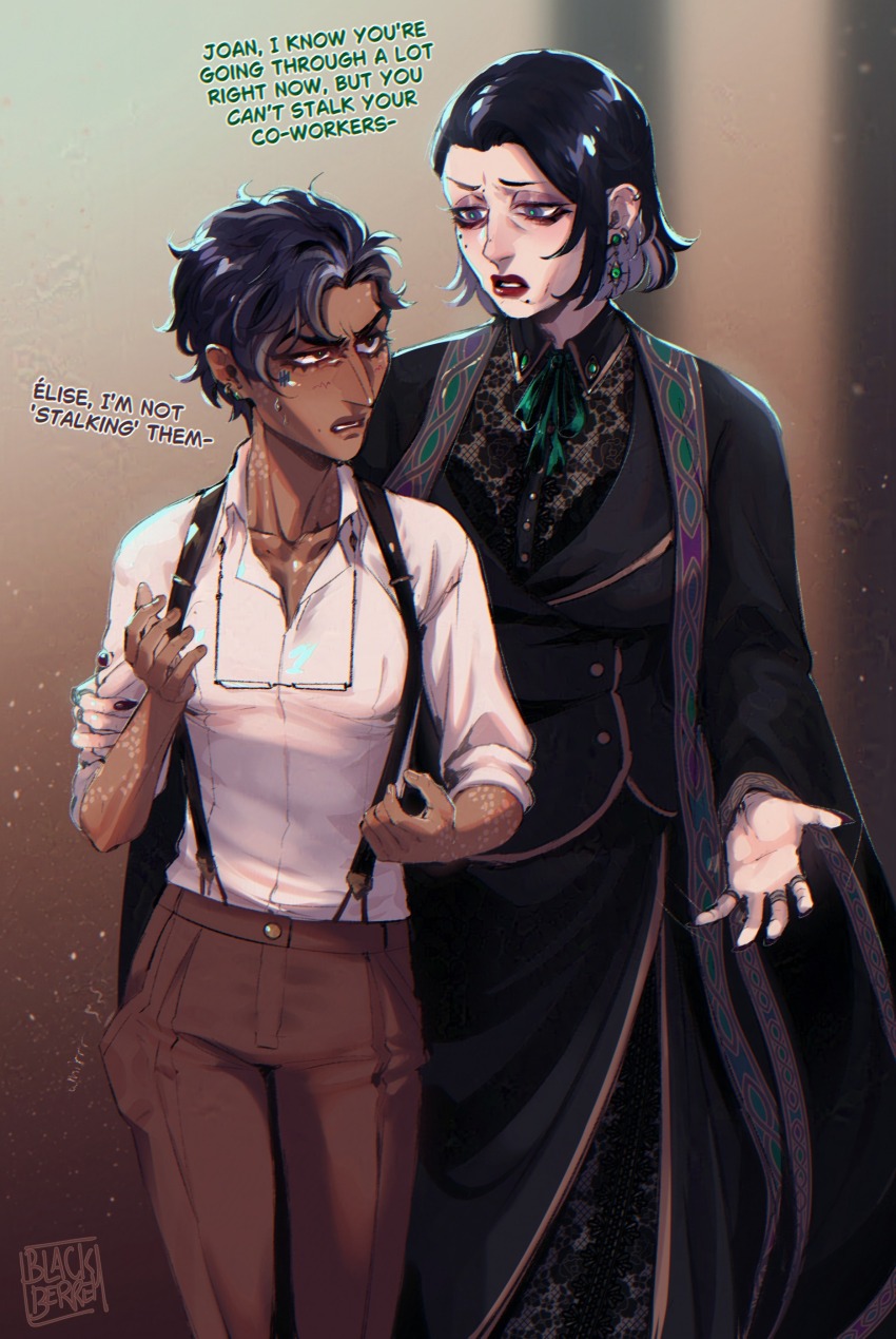 2girls, absurdres, aquiline_nose, black_hair, blackberreh-art, bob_cut, crow's_feet, dark-skinned_female, dark_skin, elias_bouchard, frown_lines, genderswap, genderswap_(ftm), glasses, highres, jonathan_sims, lips, mole, mole_under_eye, mole_under_mouth, multiple_girls, nose, pants, parted_lips, red_lips, scar, short_hair, skirt, suspenders, the_magnus_archives, tomboy, walking