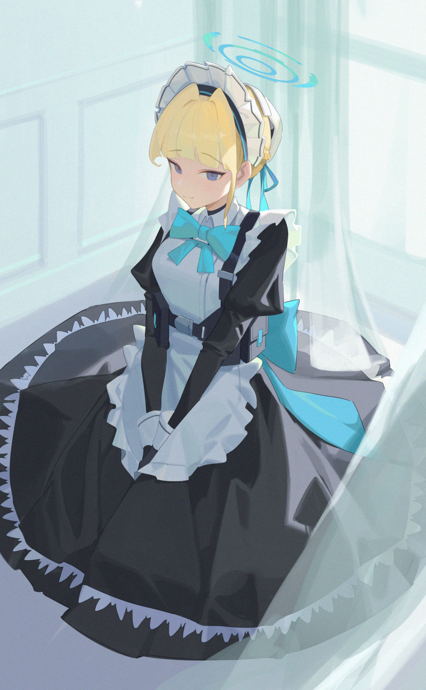 1girl, aash4i, absurdres, apron, black_dress, blonde_hair, blue_archive, blue_bow
