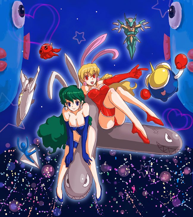 2girls, akane_(parodius), animal_ears, bare_legs, blonde_hair, blue_hair, breasts, cleavage, earrings, elbow_gloves, fake_animal_ears, frilled_thigh_strap, gloves, green_hair, high_heels, hikaru_(parodius), jehuty, jewelry, kara_(color), koitsu_(parodius), large_breasts, leaning_forward, lingerie, long_hair, mambo_(parodius), multiple_girls, parodius, playboy_bunny, rabbit_ears, red_eyes, shoes, smile, takosuke, thigh_strap, twinbee, twinbee_(character), underwear, vic_viper