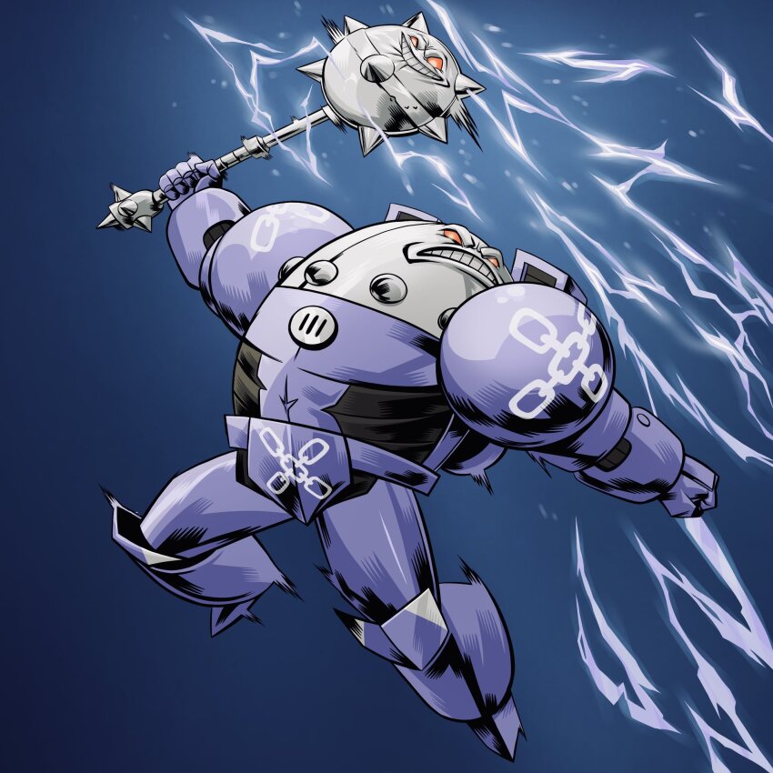 1boy, armor, blue_armor, blue_background, chain_print, clenched_hand, clenched_teeth, electricity, hatemace, hatemonger_(space_king), highres, holding, holding_mace, holding_weapon, imminent_attack, looking_at_viewer, mace, power_armor, scowl, sethklock, simple_background, smile, solo, space_king, teeth, weapon