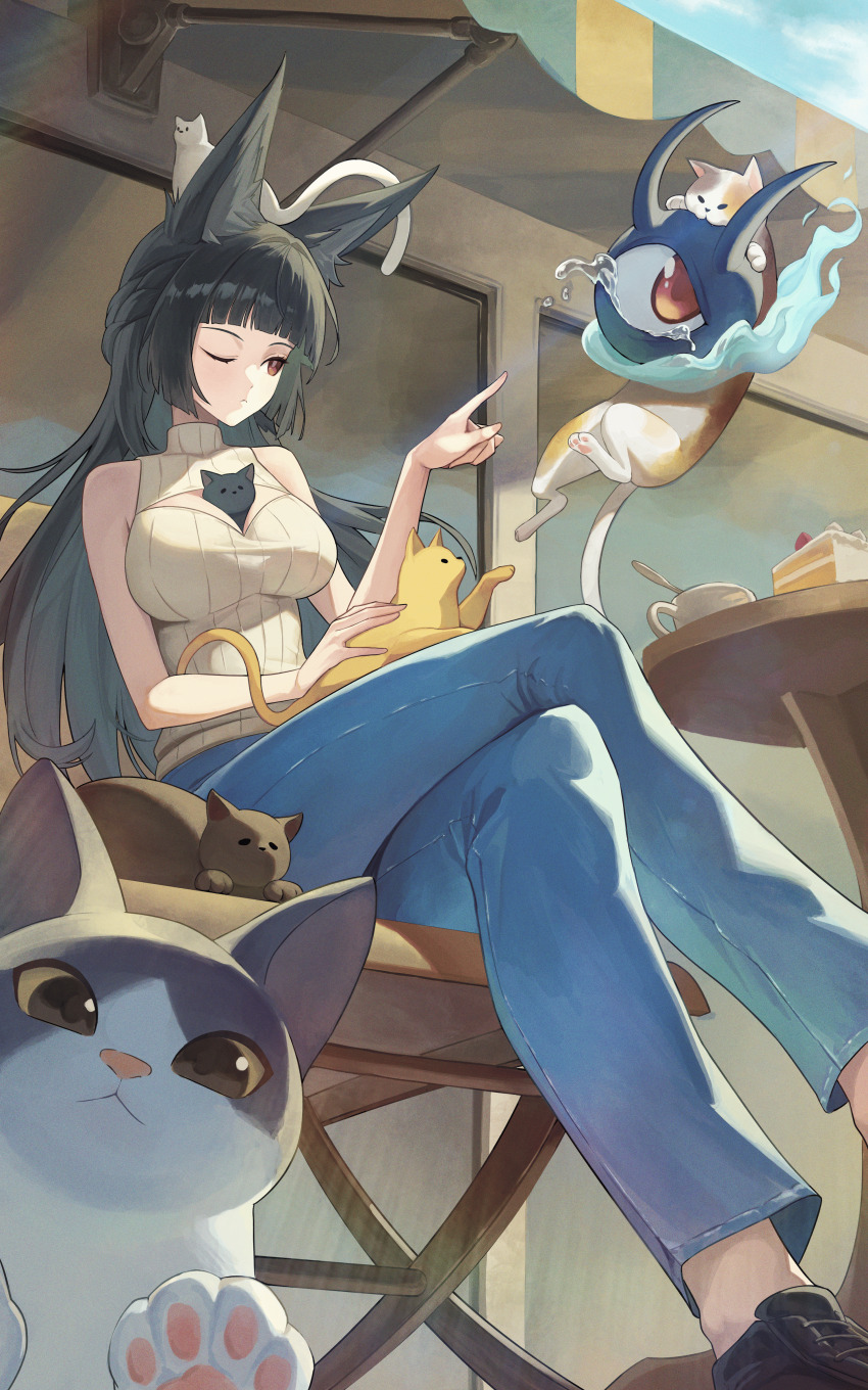 1girl, 6+others, absurdres, alternate_costume, animal, animal_between_breasts, animal_ear_fluff, animal_ears