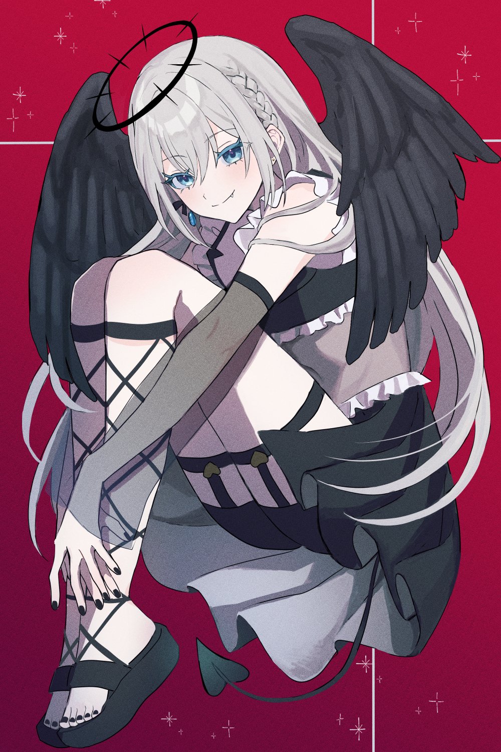 1girl, angel, angel_wings, black_nails, black_shoes, black_skirt, black_wings, blue_eyes, braid, demon_tail, detached_sleeves, earrings, eg_uhn, fang, feathered_wings, fishnet_kneehighs, grey_hair, halo, highres, indie_virtual_youtuber, jewelry, kotone_kihane, long_hair, nail_polish, see-through_clothes, see-through_sleeves, shoes, skirt, solo, tail, toenail_polish, toenails, virtual_youtuber, wings