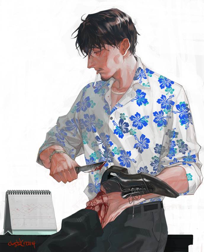 2boys, black_eyes, black_hair, black_pants, black_shoes, black_socks, blood, blood_on_hands