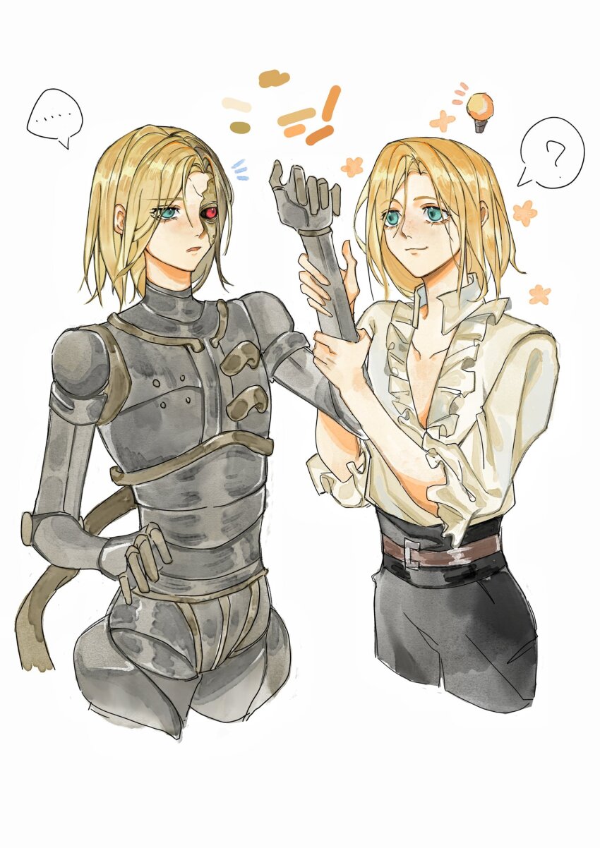 ..., 2boys, ?, artificial_eye, belt, black_pants, blonde_hair, blue_eyes