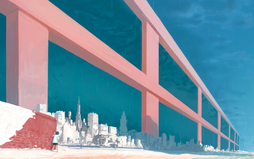 absurdres, blue_sky, cityscape, clear_sky, feitu233, from_below, highres, horizon