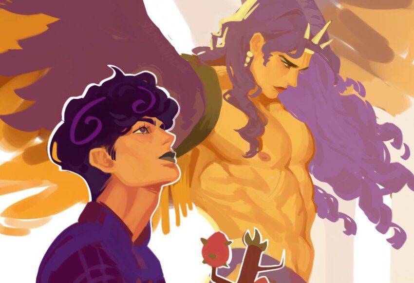 2boys, abs, afro, battery_indicator, curly_hair, earrings, gentleslowdance, green_lips, hashtag-only_commentary, horns, in-franchise_crossover, jewelry, jojo_no_kimyou_na_bouken, jojolion, kars_(jojo), locacaca, long_hair, looking_up, makeup, male_focus, multiple_boys, muscular, muscular_male, nipples, purple_eyes, purple_hair, purple_shirt, purple_wings, red_eyes, revealing_clothes, shirt, short_hair, time_paradox, topless_male, toru_(jojolion), wavy_hair, winged_arms, wings