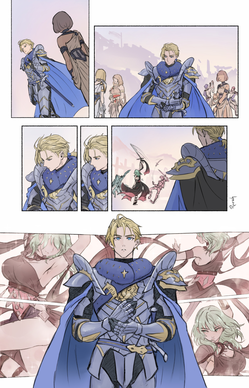 1boy, 1girl, armor, armpits, back, blonde_hair, blue_eyes, breasts