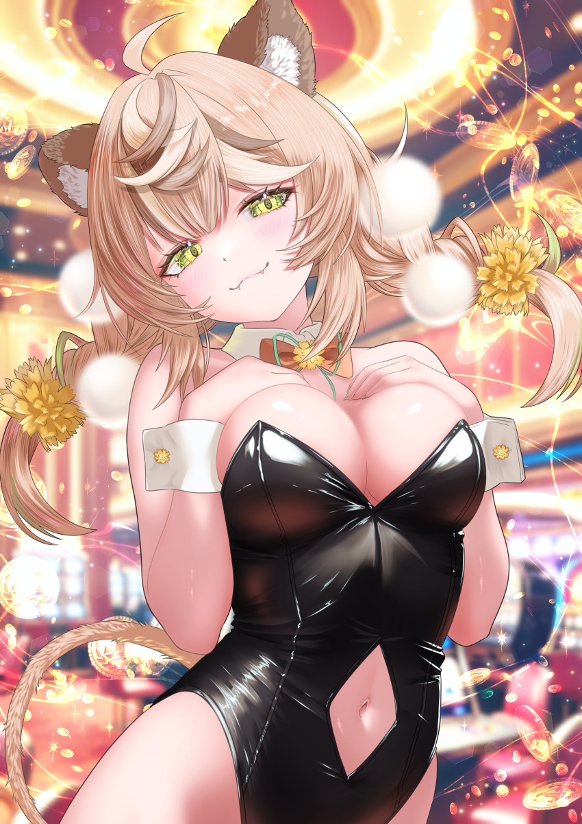 1girl, absurdres, ahoge, animal_ears, black_leotard, blonde_hair, bow, bowtie