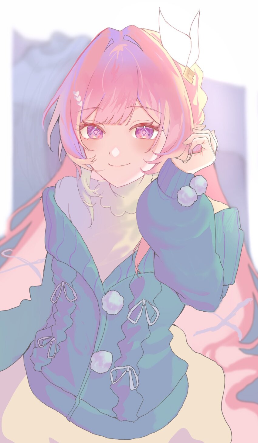 0910_2222, 1girl, alternate_costume, blue_sweater, commentary_request, cyrene_(honkai:_star_rail), cyrene_(demiurge)_(honkai:_star_rail), diamond-shaped_pupils