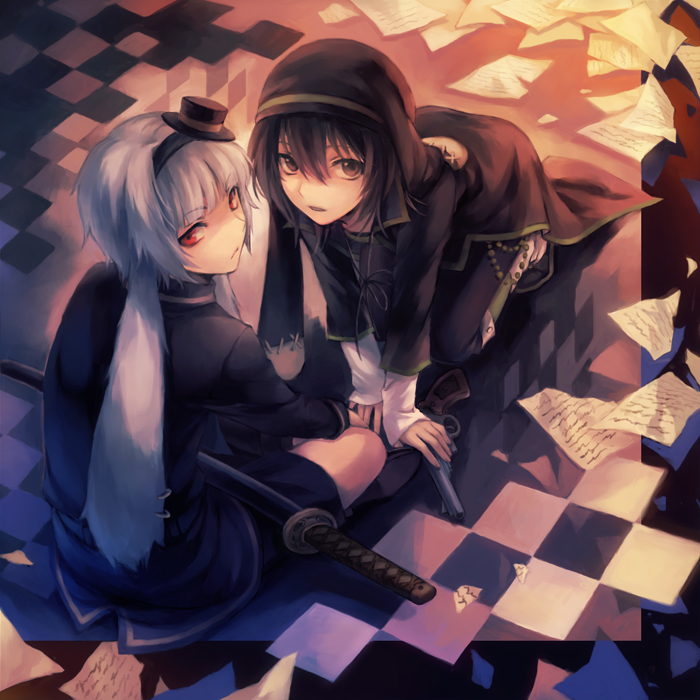 2boys, all_fours, are_you_alice?, bad_id, bad_pixiv_id, black_eyes, black_hair, checkered_floor, floor, gun, habit, hat, katana, looking_at_viewer, march_hare_(are_you_alice?), march_hare_(wonderland), mg_(mica), mini_hat, multiple_boys, nun_headdress, paper, red_eyes, scabbard, sheath, sword, weapon, white_hair, white_rabbit_(alice_in_wonderland), white_rabbit_(are_you_alice?)