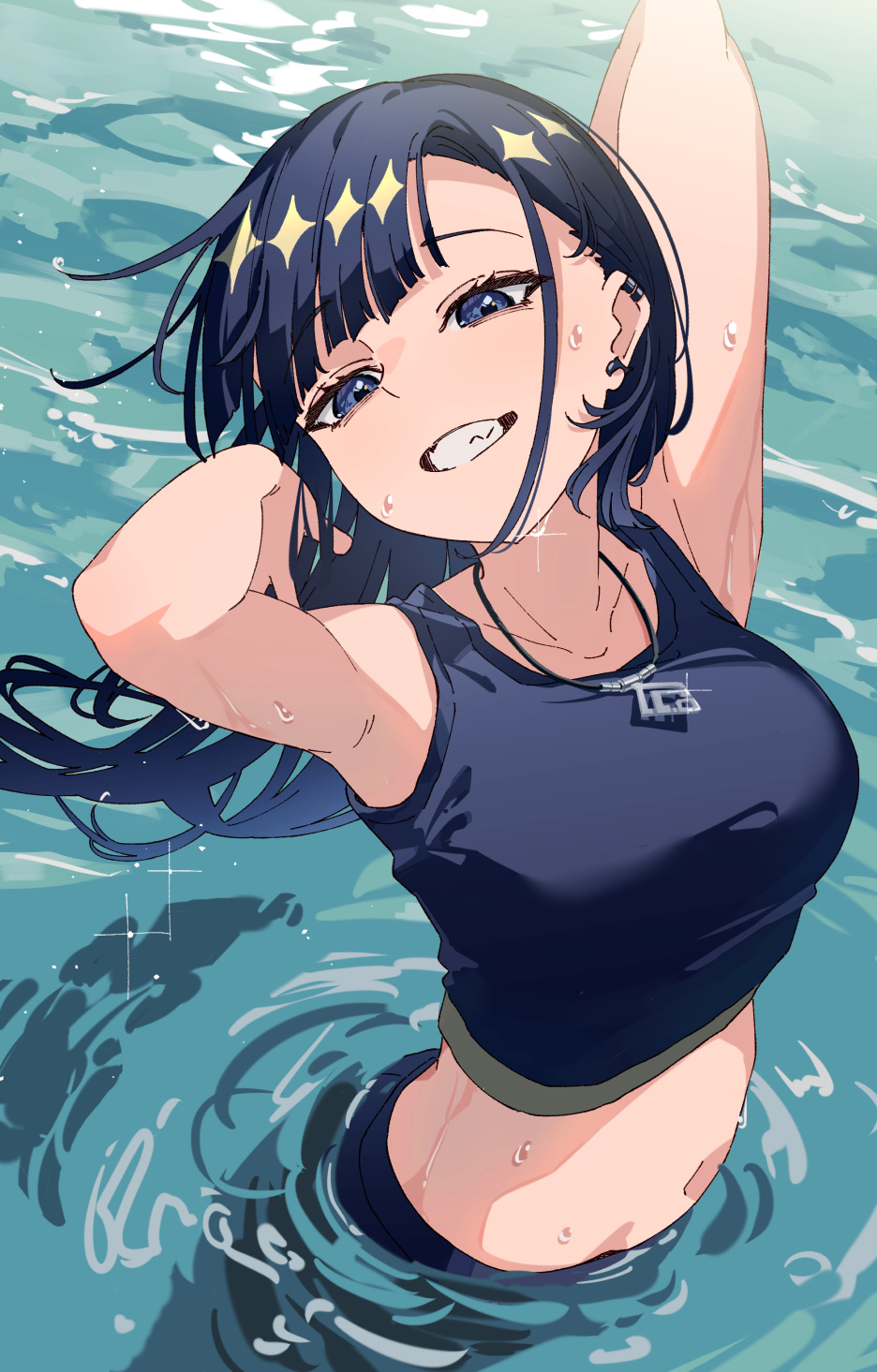 1girl, arms_behind_head, asymmetrical_bangs, black_hair, black_shirt, blue_eyes, commentary, ear_piercing