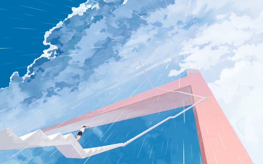 1other, absurdres, black_shorts, cloud, cloudy_sky, day, feitu233, from_below