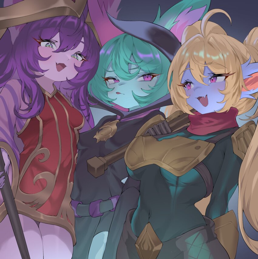 3girls, armor, blonde_hair, bluepudding, chest_guard, colored_skin, fang, green_hair, green_skin, highres, holding, holding_staff, holding_weapon, hood, hooded_robe, hoodie, league_of_legends, lulu_(league_of_legends), multiple_girls, open_mouth, pink_eyes, poppy_(league_of_legends), purple_hair, purple_skin, robe, skin_fang, staff, vex_(league_of_legends), weapon, yordle