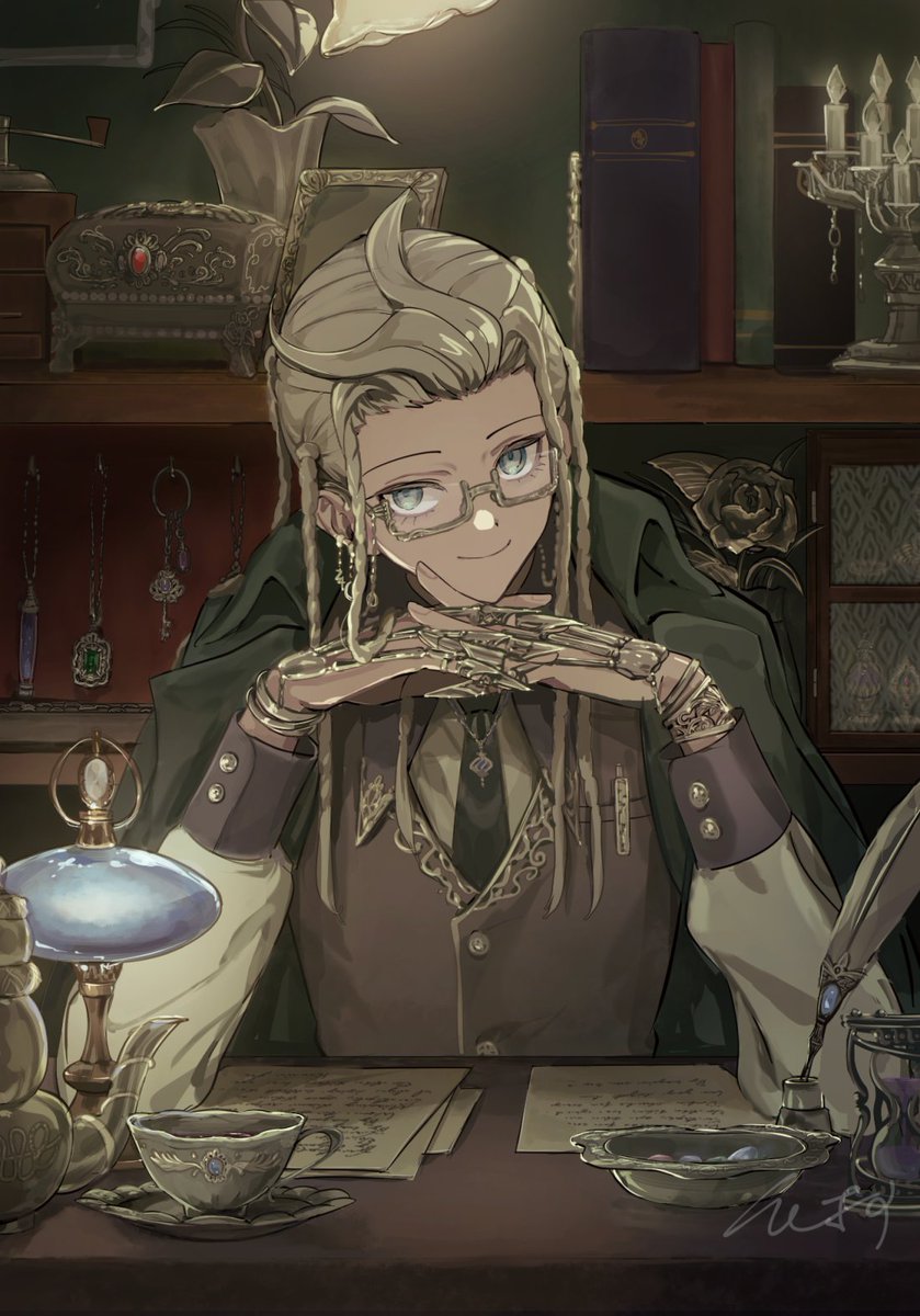 1boy, bakesugi, bespectacled, black_necktie, blonde_hair, blue_eyes, braid, brown_vest, desk, glasses, green_jacket, hashtag-only_commentary, highres, jacket, jacket_on_shoulders, long_hair, looking_at_viewer, male_focus, multiple_braids, necktie, quill, shirt, smile, solo, tribe_nine, vest, white_shirt, zero_(tribe_nine)