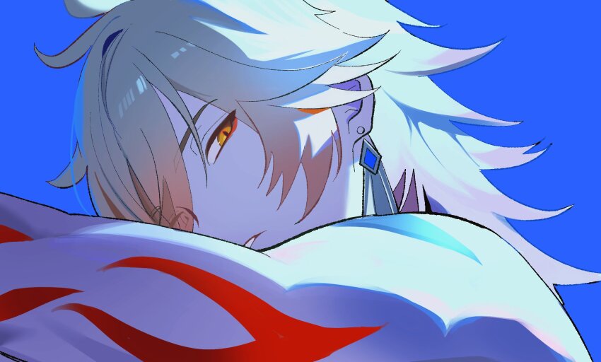 1boy, arm_tattoo, earrings, eyeliner, eyes_visible_through_hair, from_side, hazozoyaku, highres