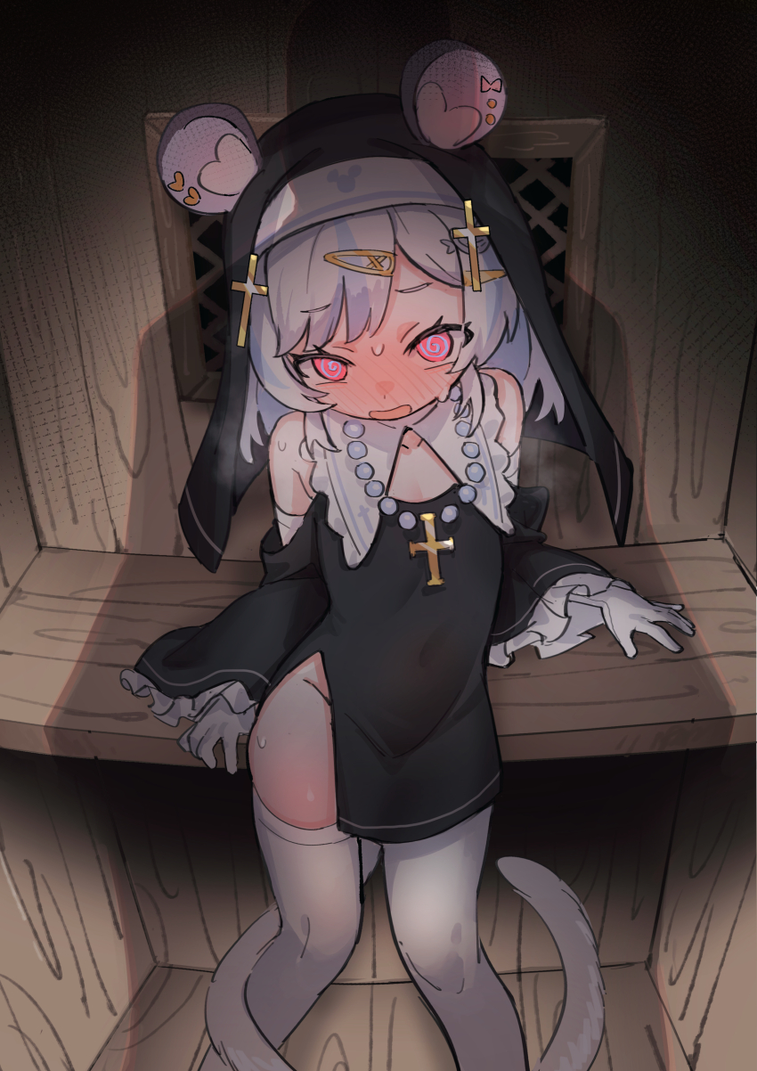 1girl, @_@, absurdres, animal_ears, bare_shoulders, breasts, collarbone, confessional_interior, covered_navel, cross, cross_hair_ornament, cross_necklace, detached_sleeves, frilled_sleeves, frills, gloves, grey_hair, hair_ornament, hairclip, heavy_breathing, highres, indie_virtual_youtuber, jewelry, leaning_back, loli, long_sleeves, looking_at_viewer, maplesights, medium_hair, mouse_ears, mouse_girl, necklace, nemimi_yane, no_panties, nun, pink_eyes, shadow, small_breasts, solo, swept_bangs, tail, thighhighs, thighs, virtual_youtuber, white_gloves, white_thighhighs, wide_sleeves