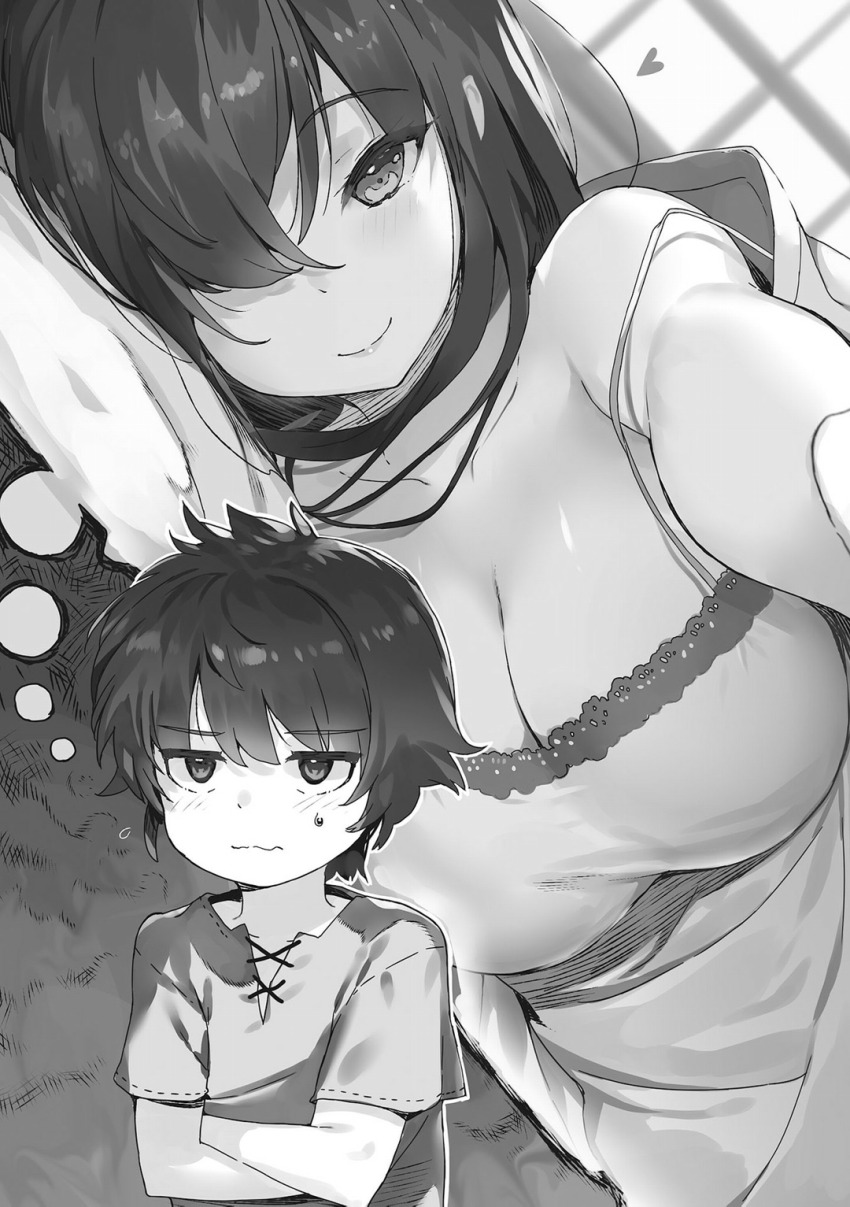 1boy, 1girl, age_regression, aged_down, bare_shoulders, blush, breasts, camisole, child, claudia_eura, cleavage, closed_mouth, collarbone, crossed_arms, greyscale, guilford_reeves, hair_between_eyes, hair_over_one_eye, heart, highres, indoors, jitome, kanzen_muken_no_shinjin_majutsusei, large_breasts, long_bangs, long_hair, looking_at_viewer, lying, monochrome, nauribon, non-web_source, novel_illustration, official_art, on_side, shirt, short_hair, short_sleeves, smile, strap_slip, tsurime, upper_body, wavy_mouth, window