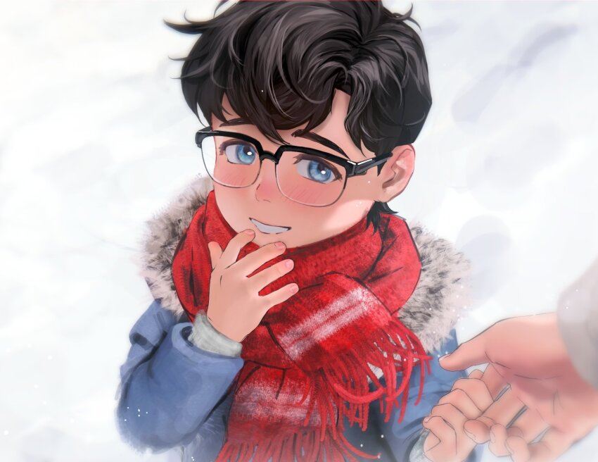 1boy, arm_up, black_hair, blue_eyes, blue_jacket, blush, child, clark_kent