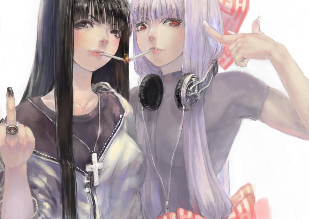 2girls, alternate_costume, bad_id, bad_pixiv_id, blunt_bangs, cable, casual, cigarette, cigarette_kiss, contemporary, cross, eyelashes, female_focus, fingernails, fujiwara_no_mokou, headphones, headphones_around_neck, houraisan_kaguya, jewelry, lips, long_fingernails, masuchi, middle_finger, multiple_girls, necklace, off_shoulder, pointing, ring, side-by-side, simple_background, skin_tight, smoking, touhou, turtleneck, white_background, yuri