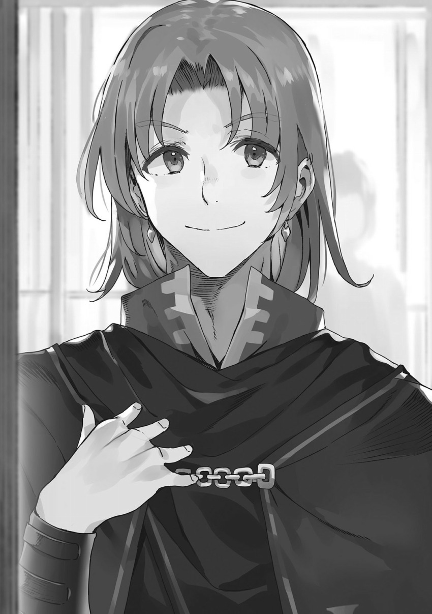 1boy, arm_guards, character_request, closed_mouth, curtained_hair, earrings, greyscale, hand_on_own_chest