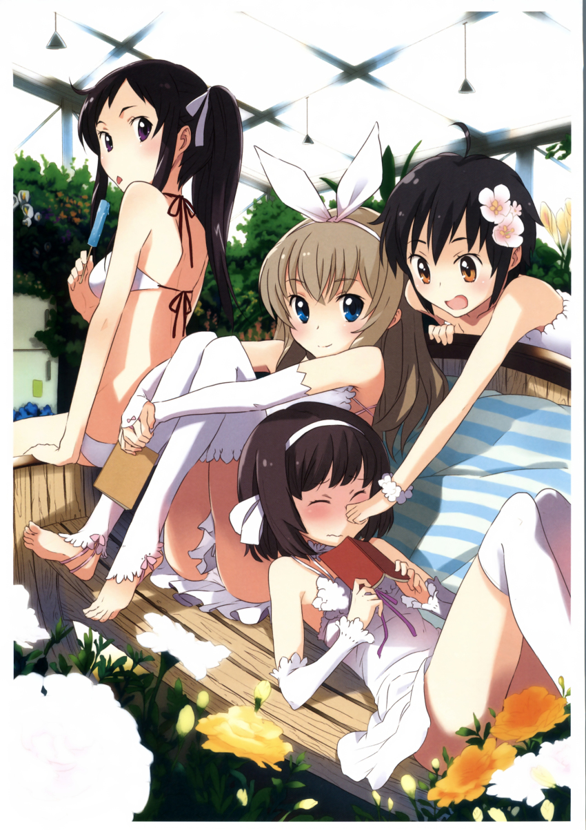 4girls, absurdres, asymmetrical_hair, bare_shoulders, barefoot, bench, bikini, black_hair, blue_eyes, blush, book, brown_eyes, brown_hair, camisole, detached_sleeves, dress, flower, food, hair_flower, hair_ornament, hairband, highres, hugging_own_legs, lingerie, long_hair, looking_at_viewer, lying, multiple_girls, muraji, original, over-kneehighs, ponytail, popsicle, purple_eyes, short_hair, side_ponytail, sitting, source_request, swimsuit, thighhighs, tongue, tongue_out, underwear, white_bikini, white_dress, white_legwear