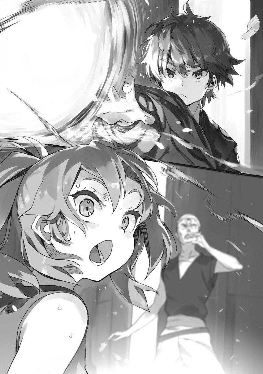 1girl, 2boys, :<, alley, blurry, breasts, closed_mouth, collarbone