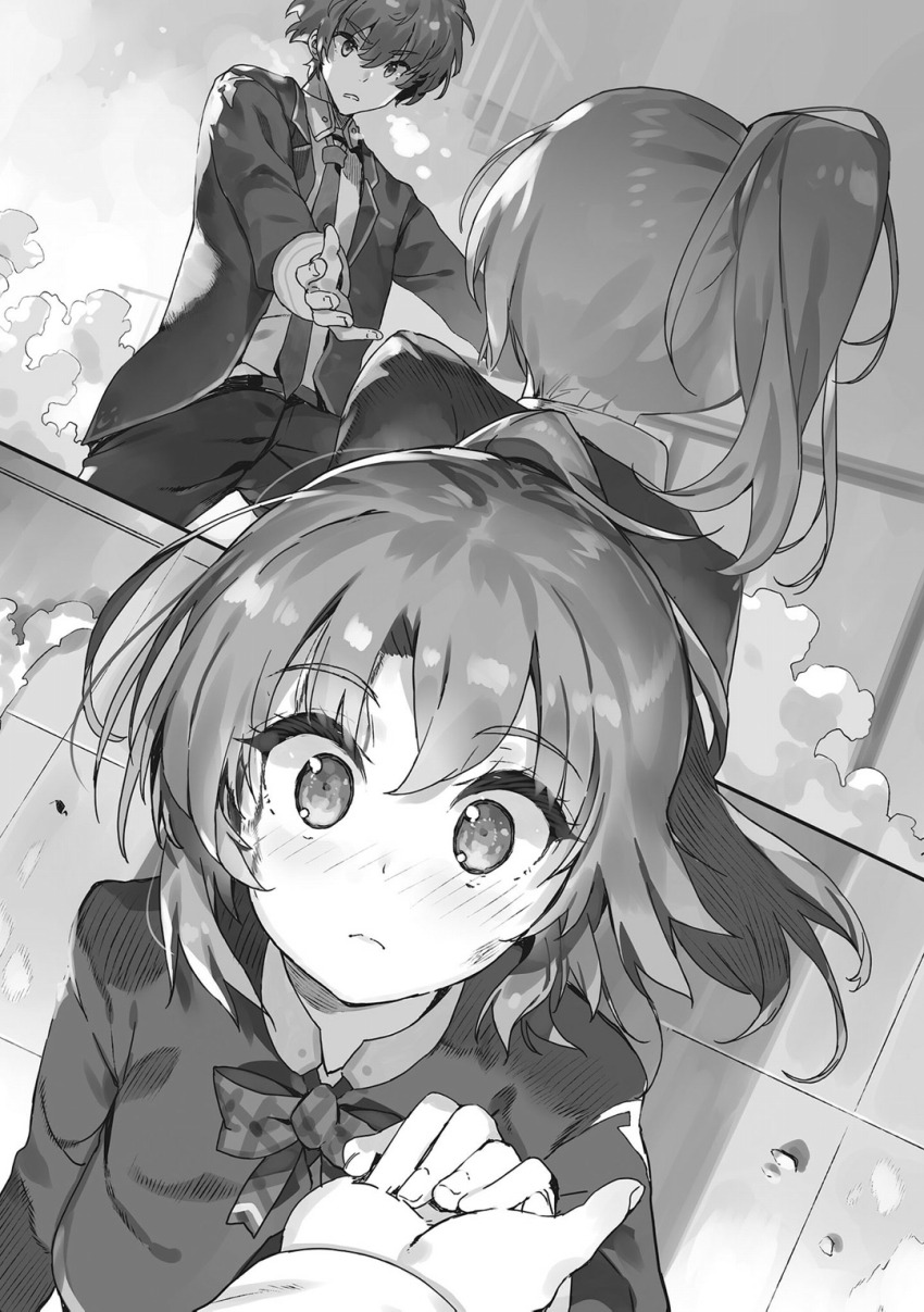 1boy, 1girl, blush, bow, breasts, building, closed_mouth, collarbone