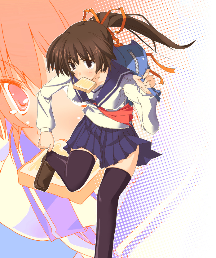 1girl, bread, bread_slice, female_focus, food, konoekatana, ponytail, school_uniform