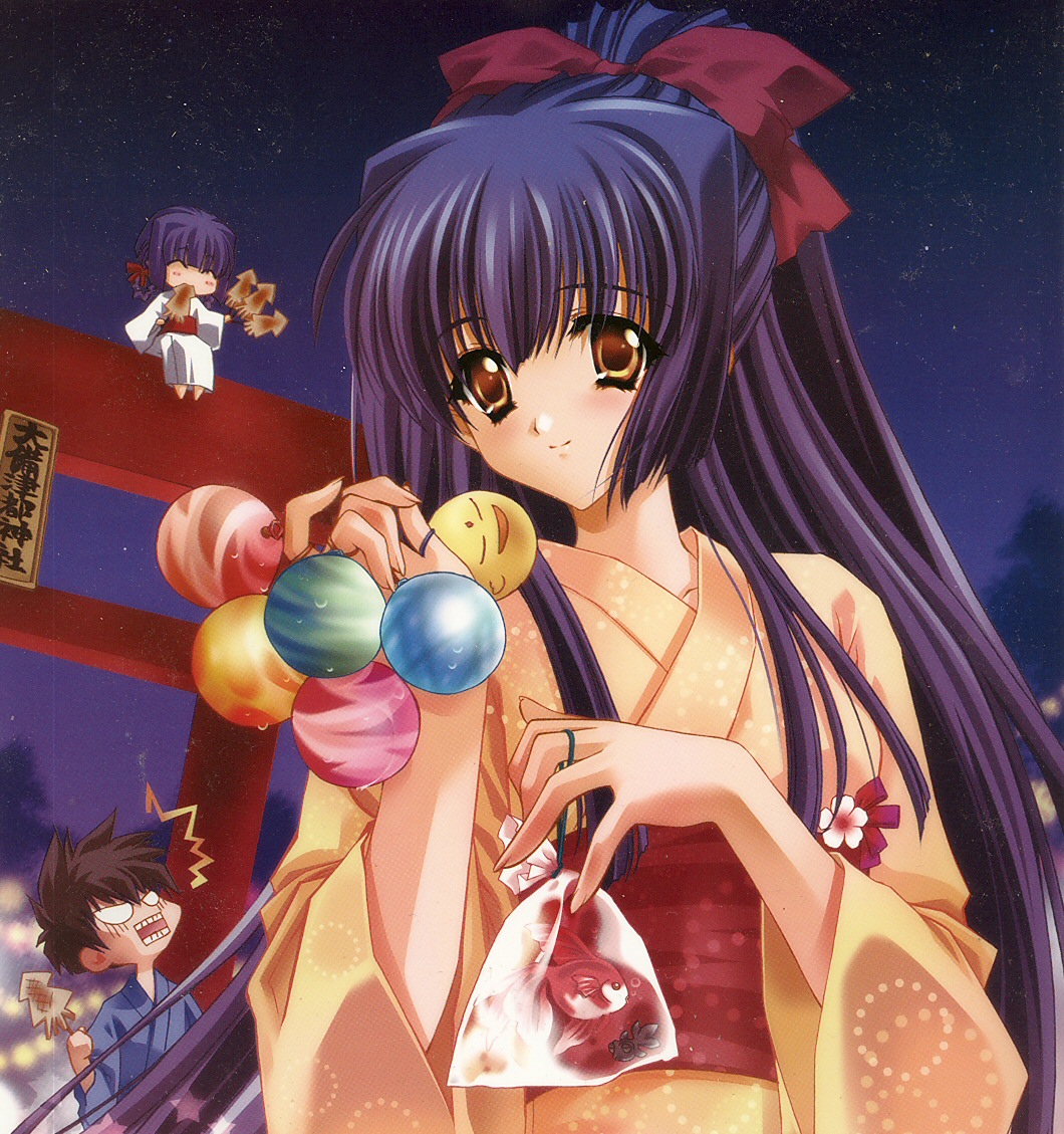 00s, 1boy, 2girls, ^^^, bag, carnelian, chibi, festival, fish, goldfish, hayama_kouichi, ikayaki, japanese_clothes, kao_no_nai_tsuki, kimono, kuraki_mizuna, kuraki_suzuna, long_hair, looking_at_viewer, multiple_girls, night, purple_hair, ribbon, siblings, sisters, smile, torii, twins, very_long_hair, yellow_eyes, yukata