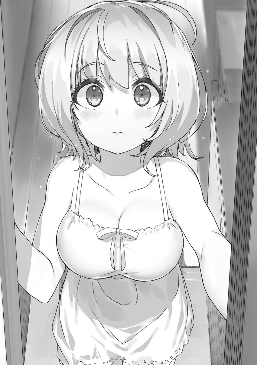 1girl, ahoge, bare_shoulders, blush, bob_cut, bow, breasts, cleavage, closed_mouth, collarbone, cowboy_shot, dorothy_goat, dress, embarrassed, from_above, greyscale, hair_between_eyes, highres, indoors, kanzen_muken_no_shinjin_majutsusei, large_breasts, lips, looking_at_viewer, monochrome, nauribon, non-web_source, novel_illustration, official_art, open_door, short_hair, sleeveless, sleeveless_dress, solo, spaghetti_strap, standing, tareme, wavy_mouth