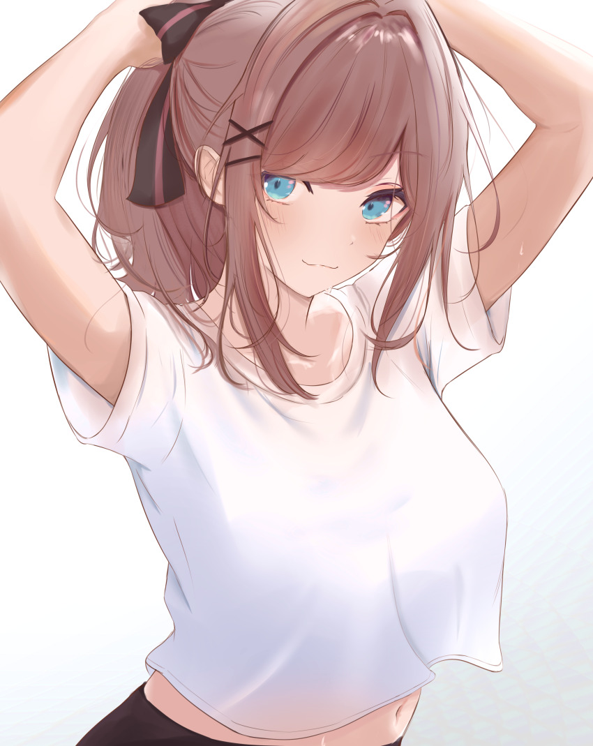 1girl, absurdres, adjusting_hair, arms_up, black_ribbon, blue_eyes, blush, breasts