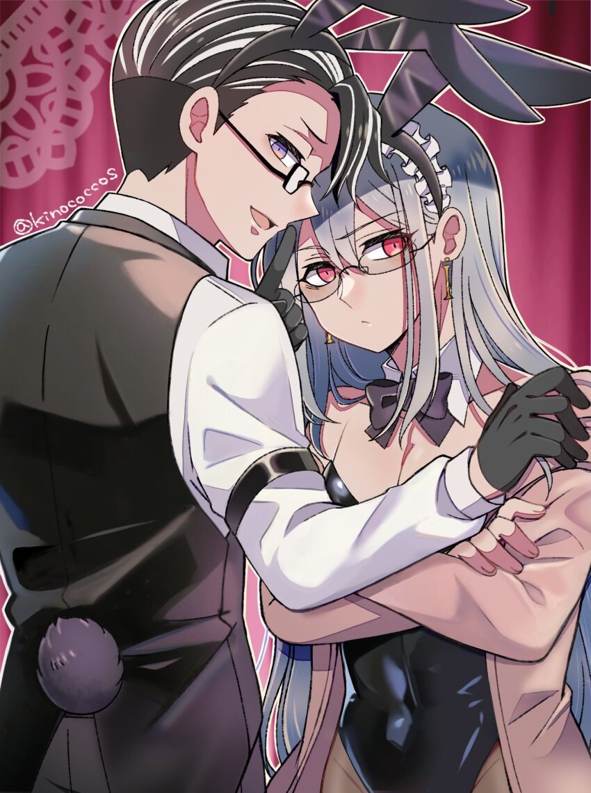 2boys, :<, :d, black_gloves, black_leotard, black_necktie, black_vest, covered_navel