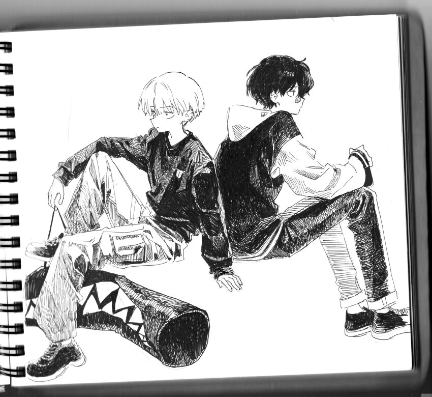 2boys, black_shirt, black_shoes, cargo_pants, eve_(musician), fuchi_sunao, greyscale, highres