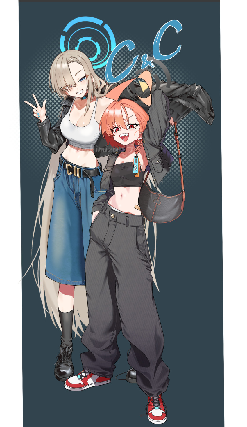 2girls, absurdres, ahoge, armpits, asuna_(blue_archive), bag, belt, black_choker, black_jacket, blonde_hair, blue_archive, blue_halo, breasts, casual, choker, cleavage, collarbone, commentary, commentary_request, crop_top, cropped_jacket, fashion, grin, hair_over_one_eye, halo, hand_in_pocket, handbag, highres, hobo_bag, jacket, jjigong_chigon, large_breasts, long_hair, long_skirt, looking_at_viewer, midriff, mole, mole_on_breast, mole_under_eye, multiple_girls, navel, neru_(blue_archive), open_mouth, orange_hair, pants, red_eyes, shoes, short_hair, skirt, smile, sneakers, socks, tank_top, untied_shoelaces, v, very_long_hair