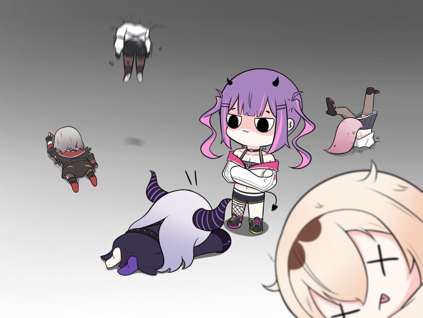 6+girls, bare_shoulders, barefoot, black_camisole, black_dress, black_shoes, black_shorts, black_skirt