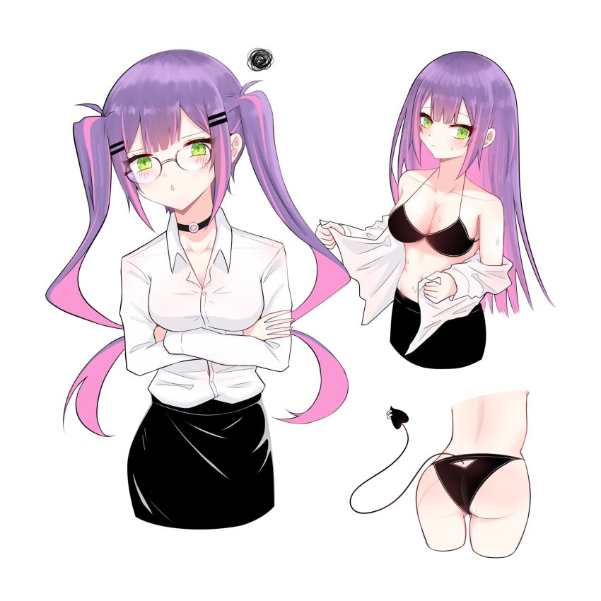 1girl, arms_under_breasts, ass_cutout, black_bra, black_panties, black_skirt, blush, bra, breasts, cleavage, clothing_cutout, collarbone, collared_shirt, commentary, crossed_arms, demon_tail, dress_shirt, fong_(fongthe0125), glasses, green_eyes, hair_down, hair_ornament, hairclip, highres, hololive, long_hair, medium_breasts, multicolored_hair, multiple_views, off_shoulder, open_clothes, open_shirt, panties, pink_hair, purple_hair, shirt, simple_background, skirt, squiggle, streaked_hair, tail, tail_through_clothes, tokoyami_towa, twintails, two-tone_hair, underwear, undressing, very_long_hair, virtual_youtuber, white_background, white_shirt